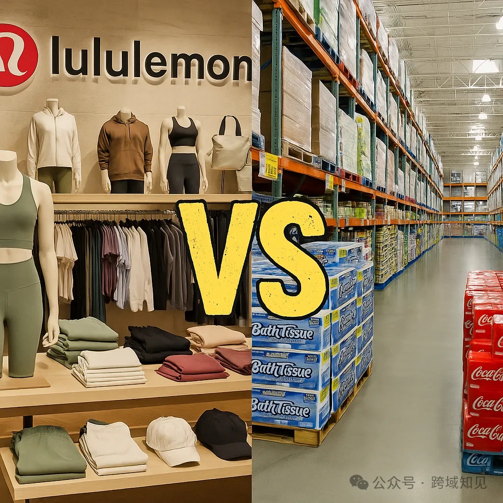 Lululemon boutique store interior contrasted with Costco's vast warehouse shelving — the 'dupe culture' clash